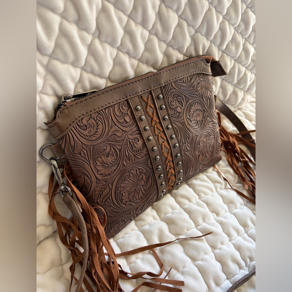 Elegant Brown Embossed Crossbody Bag with Fringe